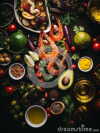 various types of seafood and vegetables on a black background Stock Photo