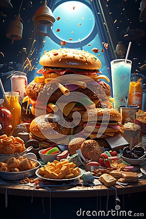 Various unhealthy junk foods, including chips, burgers, pizza, and sugary snacks. This image conveys the concept of junk food Stock Photo