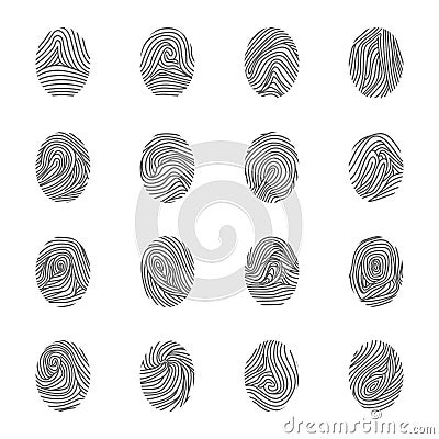 Various Unique Fingerprints Black Thin Line Icon Set. Vector Vector Illustration