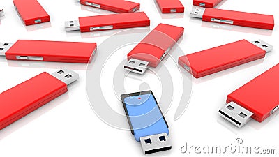 Various Usb flash drives on white background Cartoon Illustration