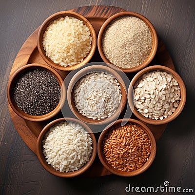 Various varieties: brown coarse rice and white thai jasmine rice in a wooden bowl Stock Photo