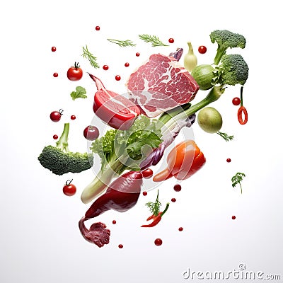 Various vegetables and meat flying in the air chaotically. White isolated food design elements. Stock Photo