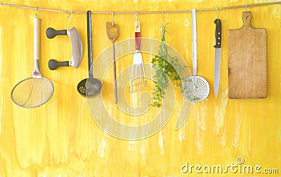 Various vintage kitchen utensils and parsley Stock Photo