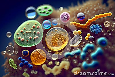 Various viruses, microbes and bacteria, types of microorganisms under microscopic magnification. Macro.Generative AI Cartoon Illustration