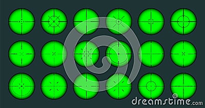 Various weapon night sights, sniper rifle optical scopes. Hunting gun viewfinder with crosshair. Aim, shooting mark Vector Illustration