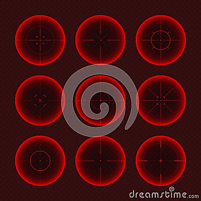 Various weapon thermal infrared sights, sniper rifle optical scopes. Hunting gun viewfinder with crosshair. Aim Vector Illustration