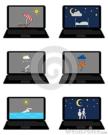Various weathers symbols and leisure activities on laptop Vector Illustration