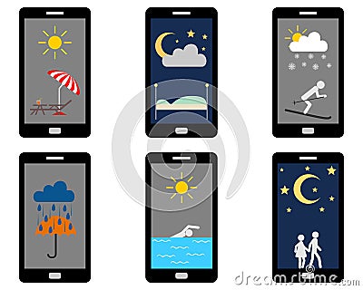 Various weathers symbols and leisure activities on Smartphone Vector Illustration