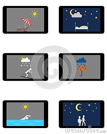 Various weathers symbols and leisure activities on Tablet Vector Illustration