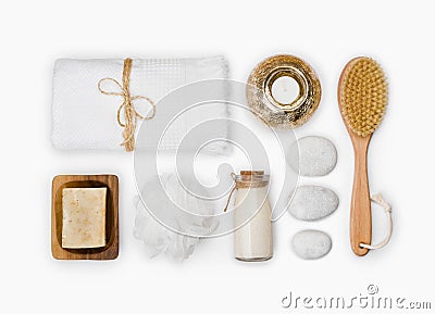 Various wellness and spa threatment products isolated on white background Stock Photo
