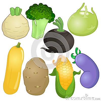 Various whole vegetables in cartoon style Vector Illustration