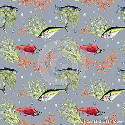 Various wild sea fish seamless pattern watercolor illustration isolated on blue. Seaweeds, tuna, salmon, coho, sea Cartoon Illustration