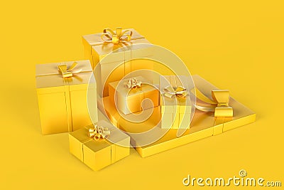 Various yellow gift boxes on yellow background. 3D rendering Stock Photo