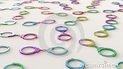 Variously Colored Handcuffss in a Tight Even Grid on a Simple Concrete Surface Stock Photo