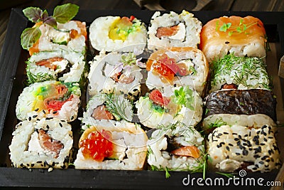 Varius mosaic sushi roll, close up image Stock Photo