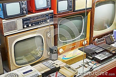 Varna, Bulgaria, August 30, 2023 Old vintage TV, radios and tape recorders in museum Editorial Stock Photo