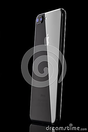 Varna, Bulgaria - December, 04, 2016: Studio shot of a black Iphone 7 plus, with Dual 12 MP Camera, quad-core 2,23 GHz and 1080 x Editorial Stock Photo