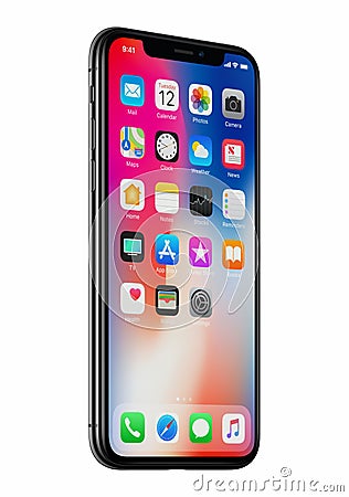 New Apple iPhone X front view slightly rotated isolated on white background Editorial Stock Photo