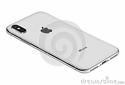 Perspective view Silver Apple iPhone X back side isolated on white background Editorial Stock Photo