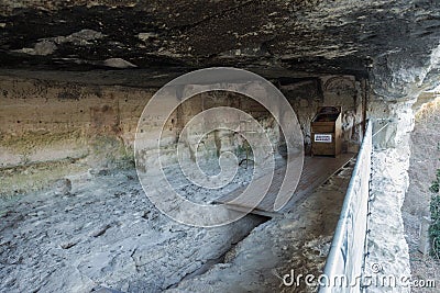 VARNA, BULGARIA - JANUARY 20, 2019: Picturesque cave, skete of the Aladzha rock monastery. The stone of old monastic Christian Editorial Stock Photo