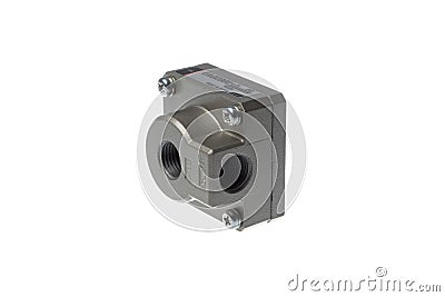 VARNA, BULGARIA - MARCH 21, 2020:SMC quick exhaust valve, isolated on white. SMC is a company dealing with pneumatics Stock Photo