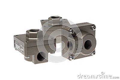VARNA, BULGARIA - MARCH 21, 2020:SMC quick exhaust valves, isolated on white. SMC is a company dealing with pneumatics Stock Photo