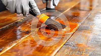 Varnish brush strokes on wooden floor Stock Photo