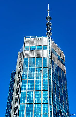 Varso Tower office building topping by HB Reavis over Srodmiescie business district of Warsaw city center in Poland Editorial Stock Photo