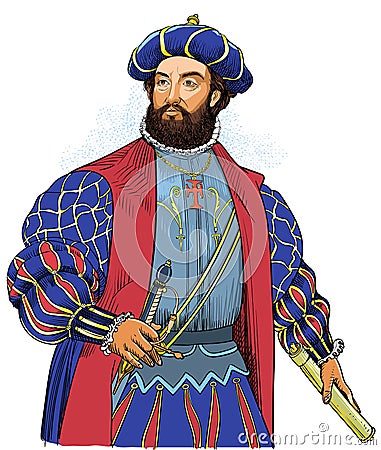 Vasco da Gama colored portrait in line art illustration. Editable layers. Vector Illustration