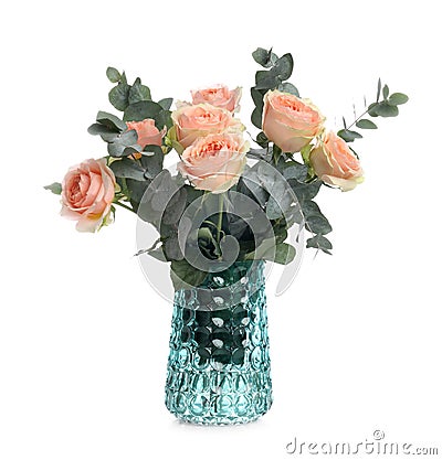 Vase with bouquet of beautiful roses on white background Stock Photo