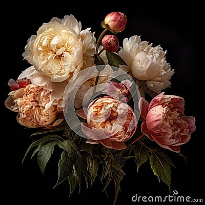 Vase filled with pink and white flowers, including roses. There are several different types of flowers in arrangement Stock Photo