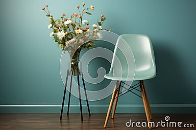 A vase of flowers sitting next to a chair. Generative AI image. Stock Photo