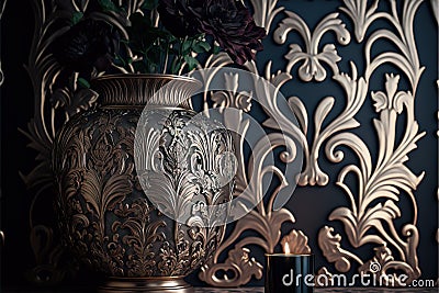 a vase with flowers in it sitting on a table next to a candle holder and wallpapered wall Stock Photo