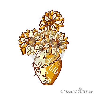 Vase with flowers of sunflowers hand drawn on a white background. My little sun. Jewel gold. Fashion in a vector illustration Vector Illustration