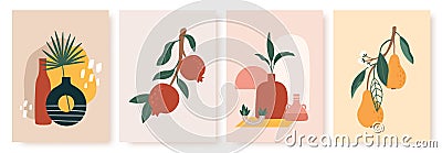 Vase and fruit print. Still life with ceramics and fruits pears, pomegranates on branch with leaves. Modern scandinavian Vector Illustration