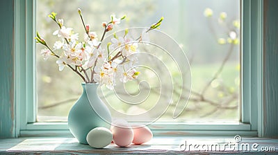 a vase full of flowers with four easter eggs on a table in front of a window Stock Photo