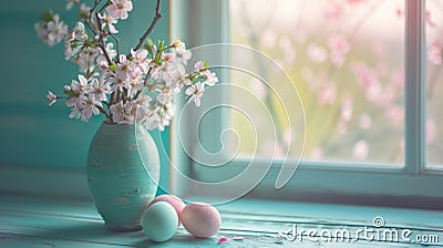 a vase full of flowers with four easter eggs on a table in front of a window Stock Photo