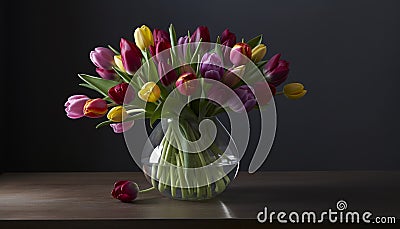 Vase holds tulip bouquet, nature freshness, pink and purple petals generated by AI Stock Photo