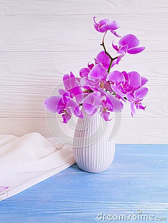 Vase orchid bouquet flower decor on wooden background Stock Photo