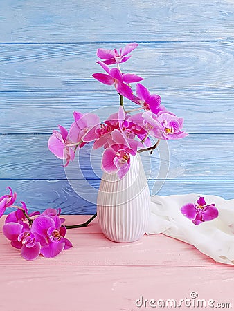 Vase orchid flower vintage decor elegance on wooden background Stock Photo