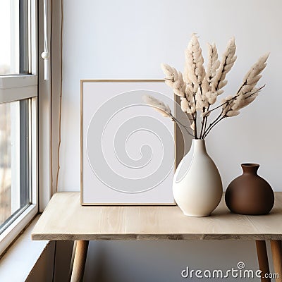 Empty Wooden Picture Frame. Framework. Vase with pampas grass. Stock Photo