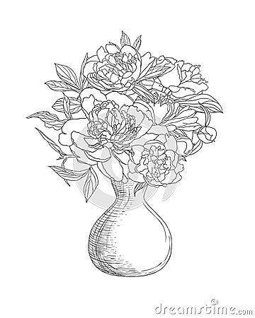 Vase with peony flowers. Black on white Vector Illustration
