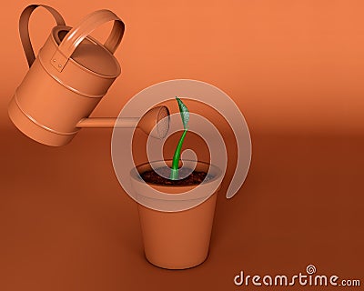 Vase with plant seedling and watering can in brown monochrome image. 3D illustration of a plant bud in a pot being watered with a Cartoon Illustration