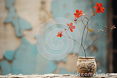 a vase with red flowers sitting on a table Stock Photo