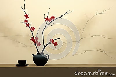 A vase with red flowers sitting on a table. AI. Stock Photo