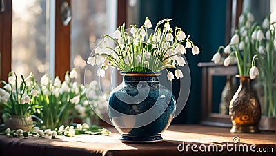 Vase with snowdrops the room season decor retro march bouquet background Stock Photo