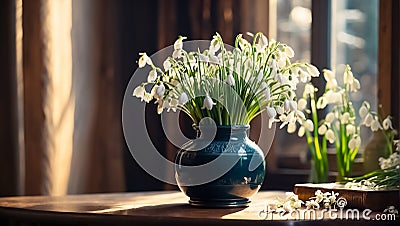 Vase with snowdrops the room season springtime retro march bouquet Stock Photo