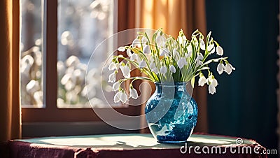 Vase with snowdrops the room season springtime retro march bouquet background Stock Photo