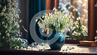 Vase with snowdrops the room season springtime retro march floral Stock Photo