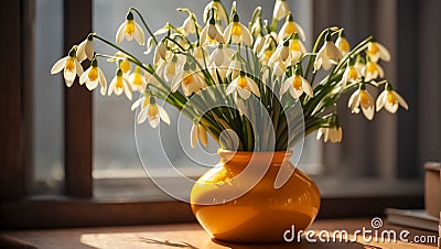 Vase with snowdrops the room season springtime retro Stock Photo